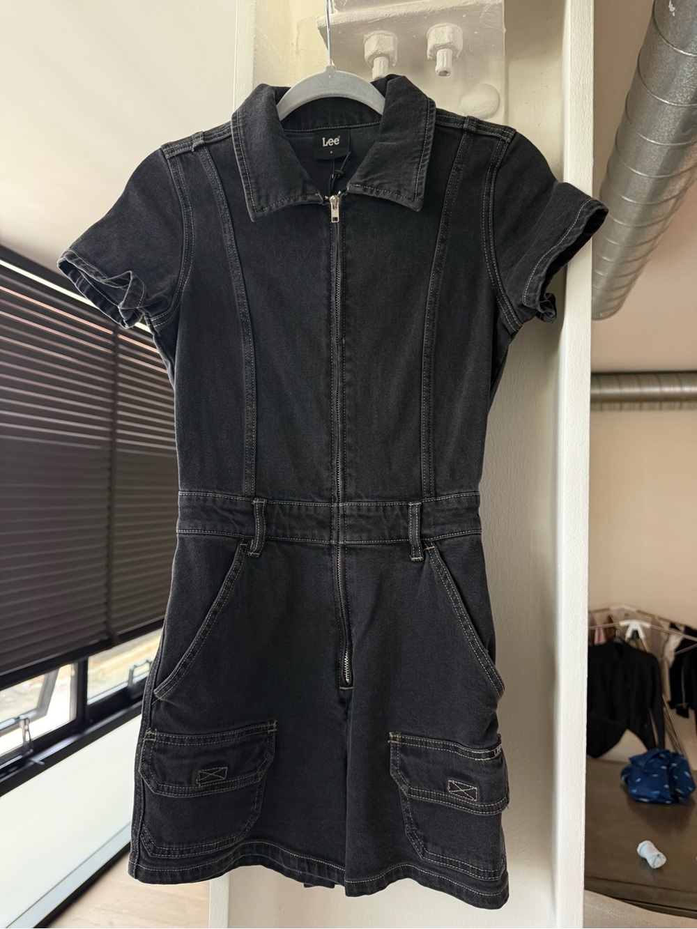 Lee Black Denim Short-Sleeve Zip-Front Overall Dress